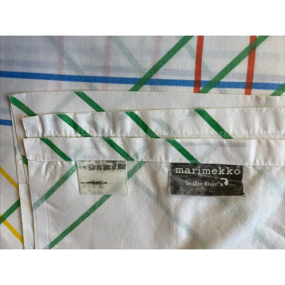 VTG 1980s Marimekko by Dan‎ River 80s Striped Primary Double Flat & Fitted 2 Pcs